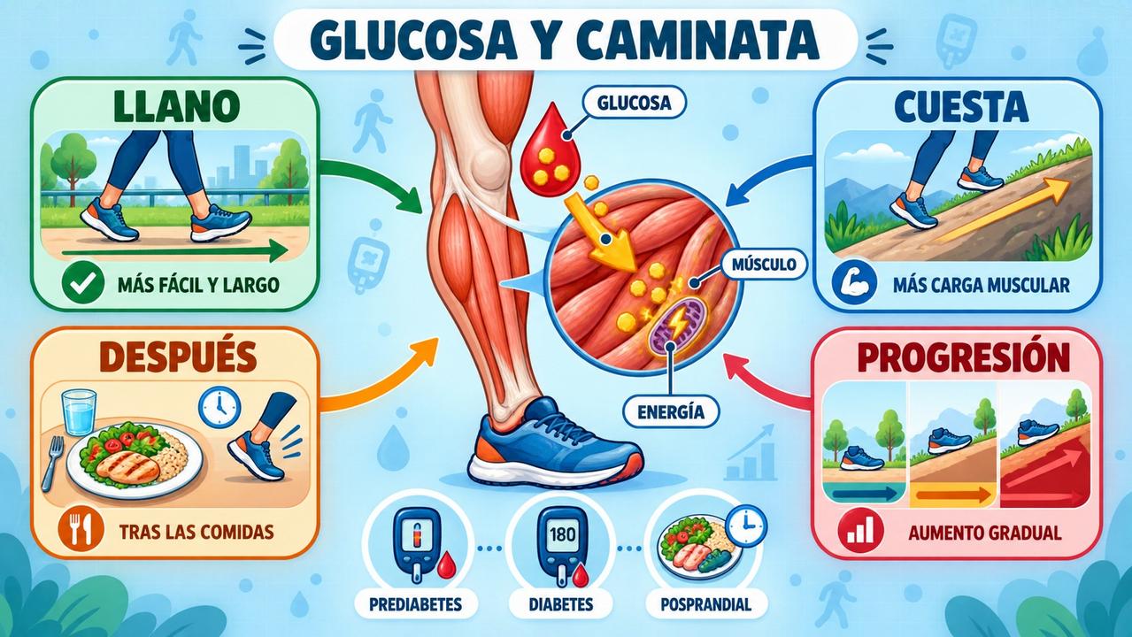 Llano, cuesta, momento y progresión marcan la respuesta glucémica al caminar.