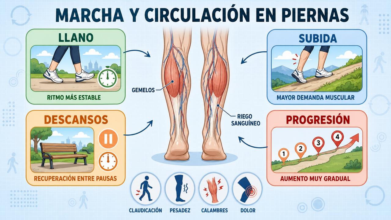 Llano, subida, descansos y progresión estructuran la marcha con problemas circulatorios.