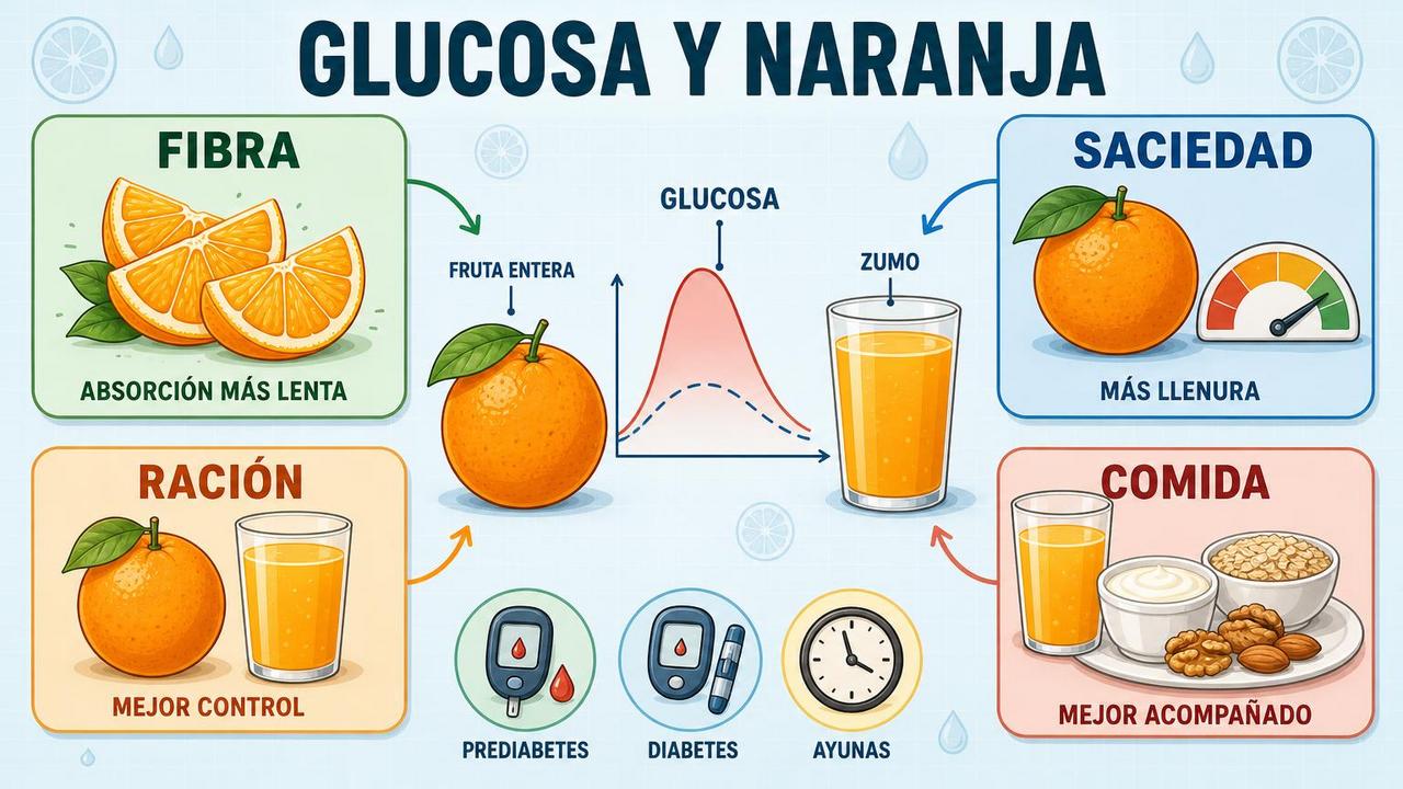 Fibra, saciedad, ración y contexto cambian la respuesta glucémica de la naranja.