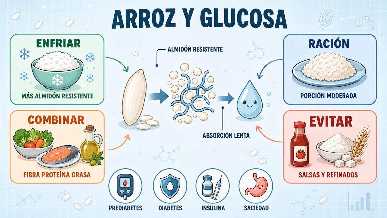 Enfriar, moderar la ración y combinar mejor el arroz reduce su impacto glucémico.