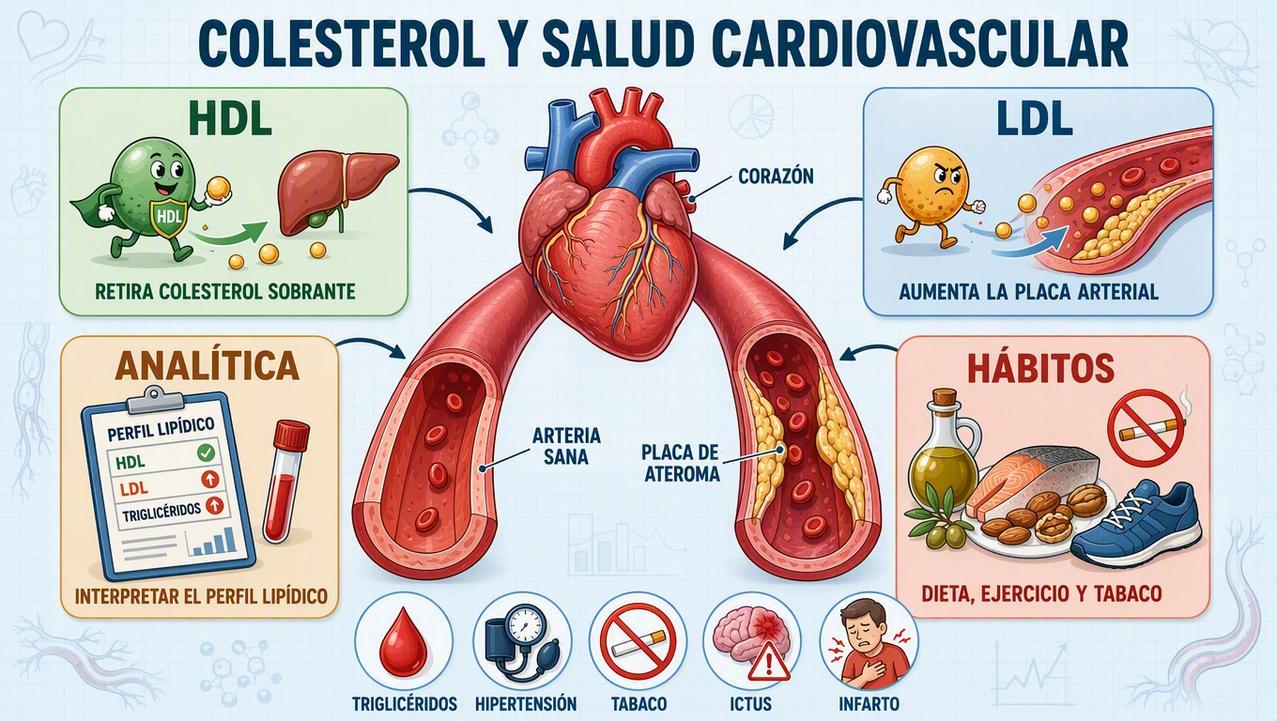 La infografía resume HDL, LDL, analítica y hábitos protectores cardiovasculares.