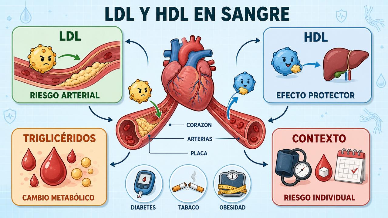 Infografía sobre LDL, HDL, triglicéridos y contexto clínico en el análisis.