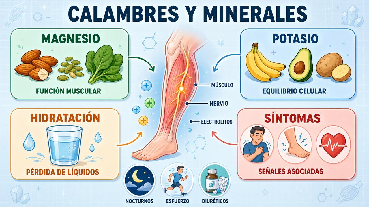 Cuatro claves para entender calambres, minerales, hidratación y síntomas asociados.