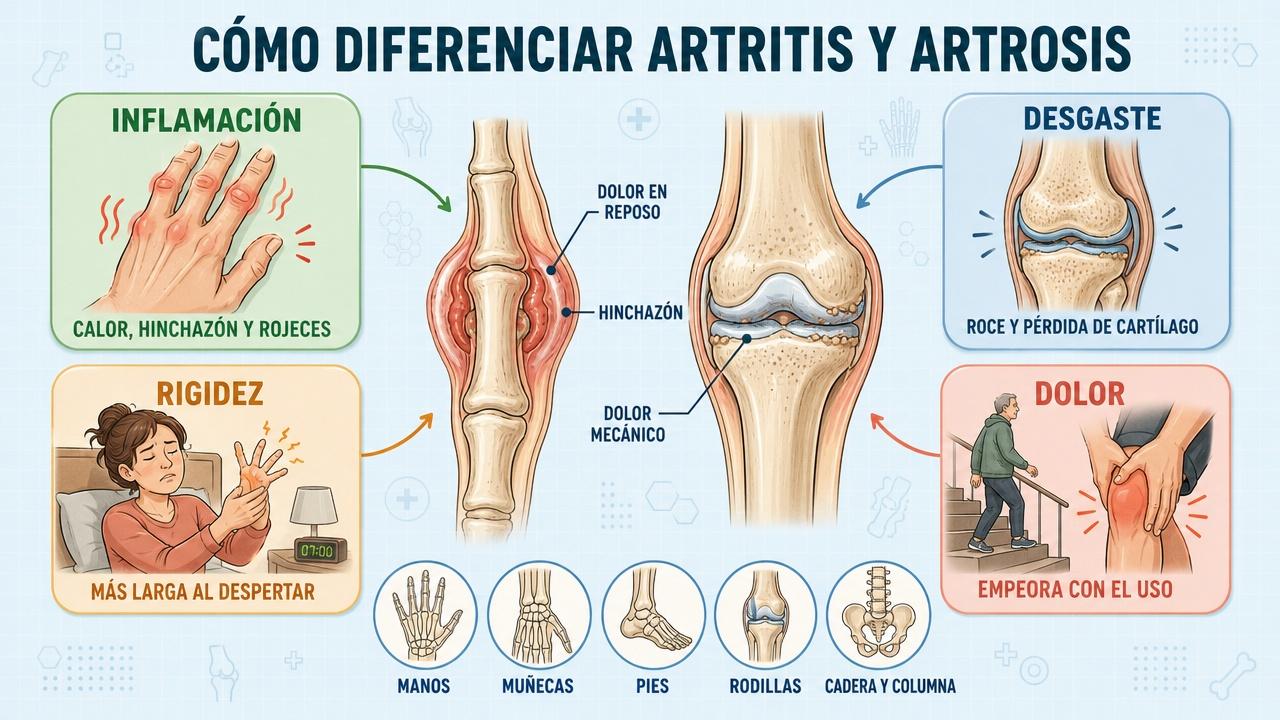 Inflamación, desgaste, rigidez y patrón del dolor orientan la diferencia articular.