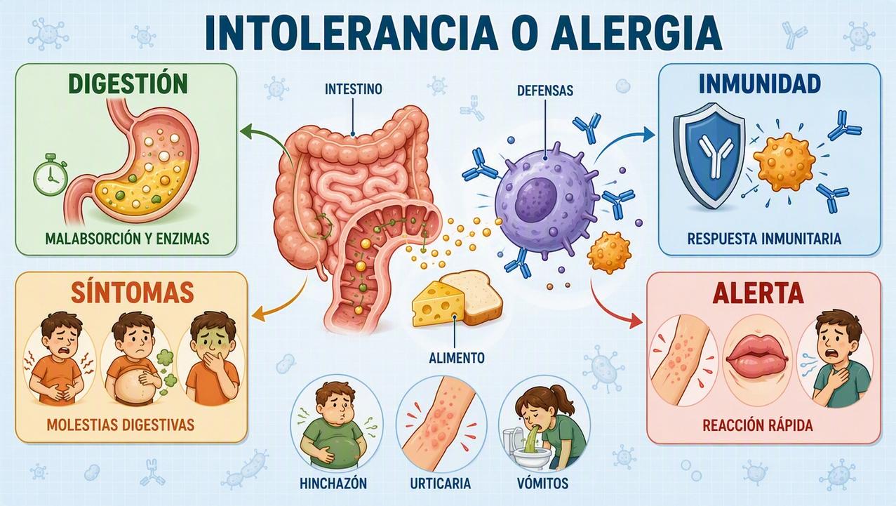 Digestión, inmunidad, síntomas y rapidez distinguen ambas reacciones alimentarias.