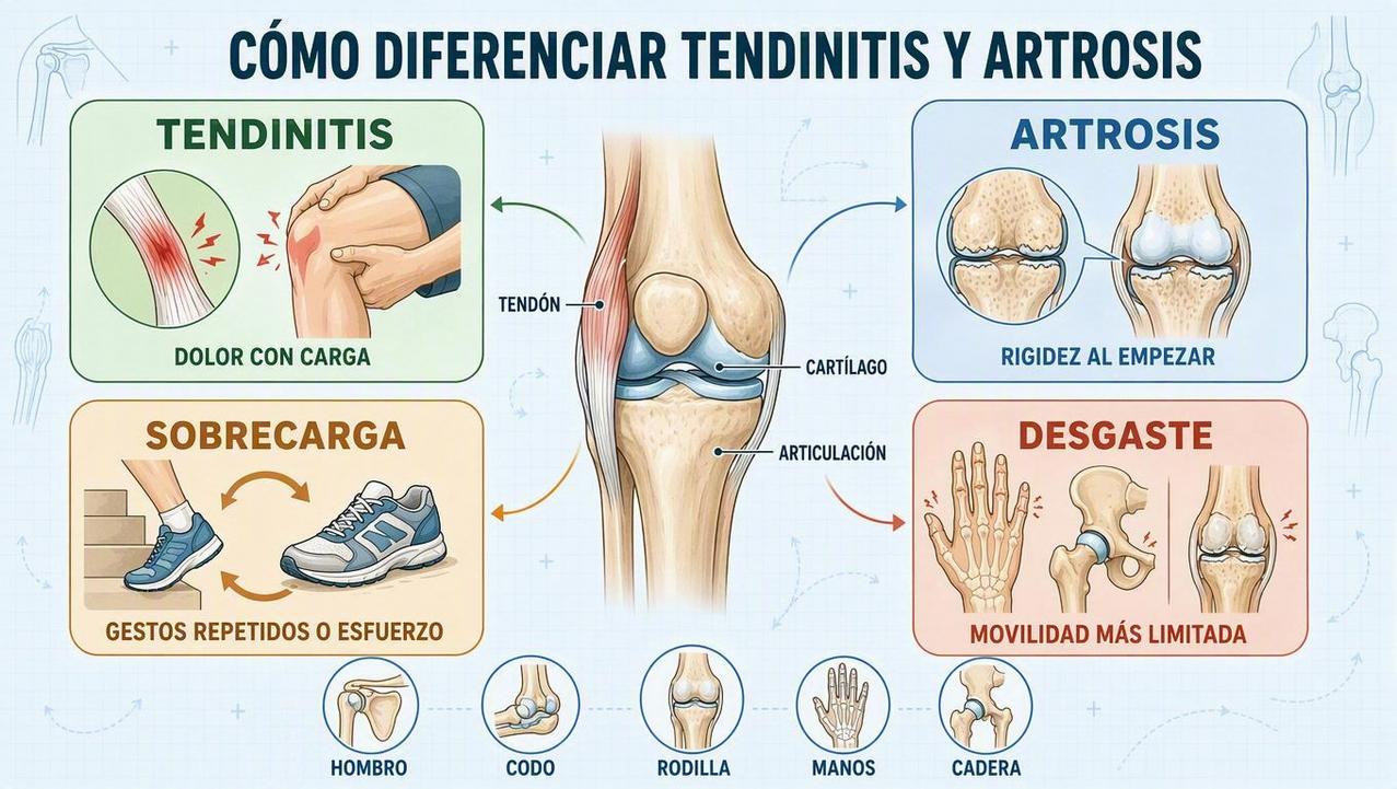 Cuatro claves visuales para diferenciar tendón, cartílago, sobrecarga y desgaste.