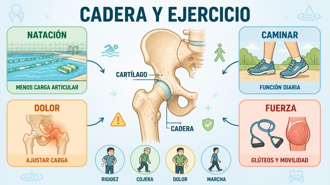 Natación, caminar, ajuste del dolor y fuerza sostienen la función de cadera.