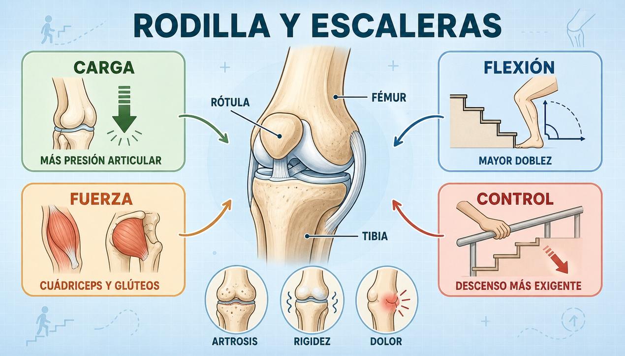 Carga, flexión, fuerza y control explican por qué molestan más las escaleras.