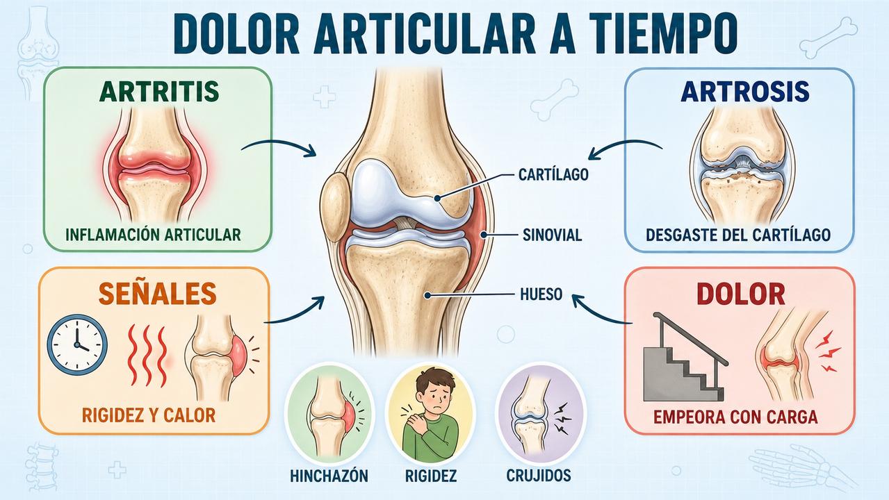 Claves visuales para distinguir inflamación, desgaste, rigidez y dolor mecánico articular.