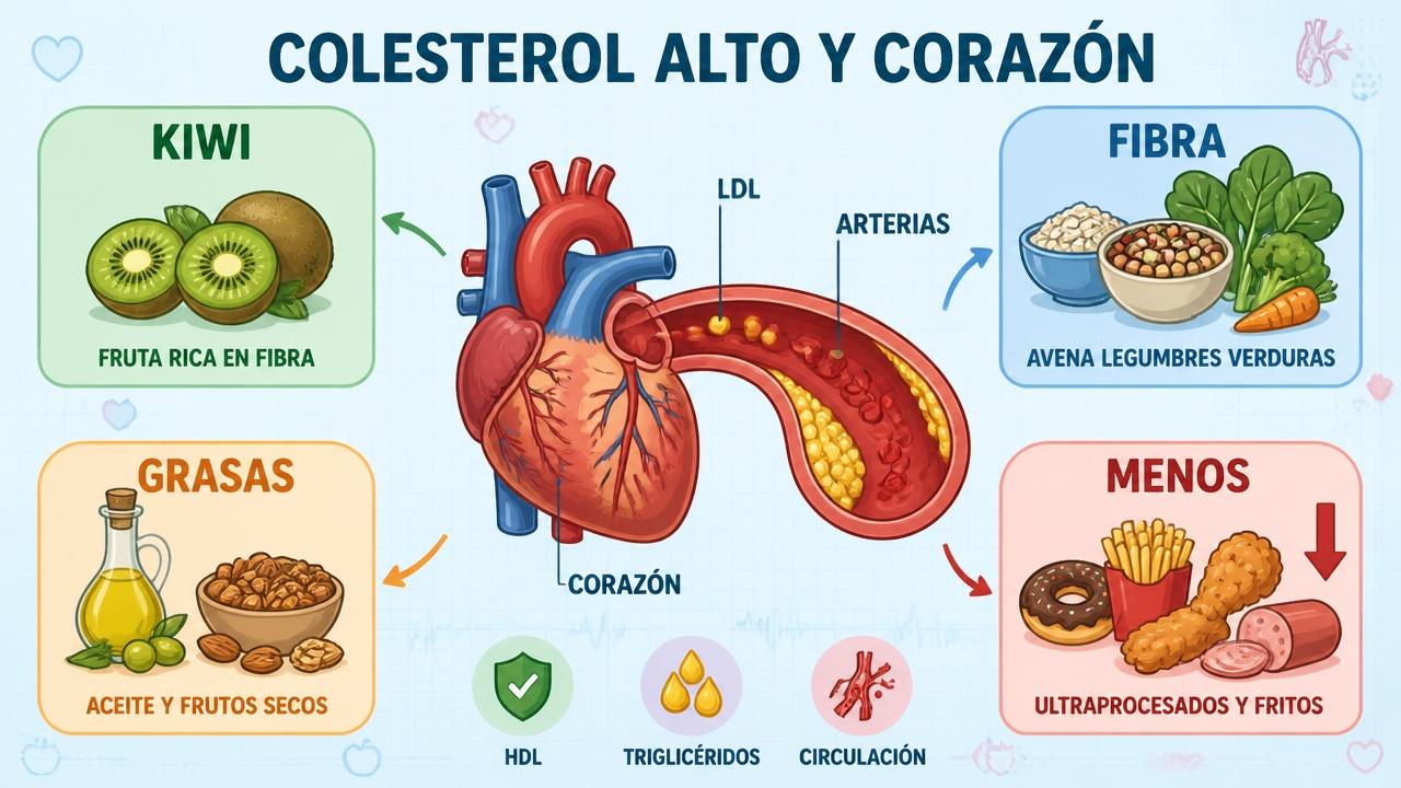 Kiwi, fibra, grasas saludables y menos ultraprocesados para cuidar arterias y corazón.