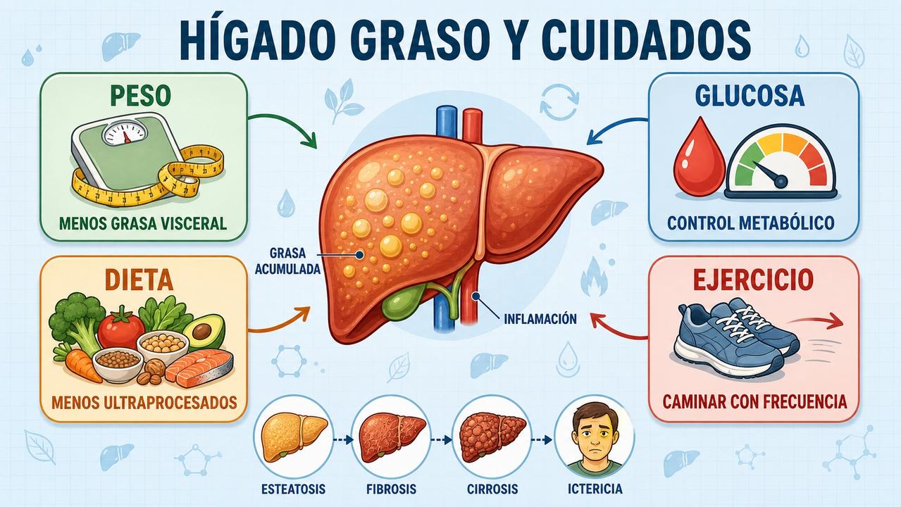 Peso, glucosa, dieta y ejercicio son claves para mejorar el hígado graso.