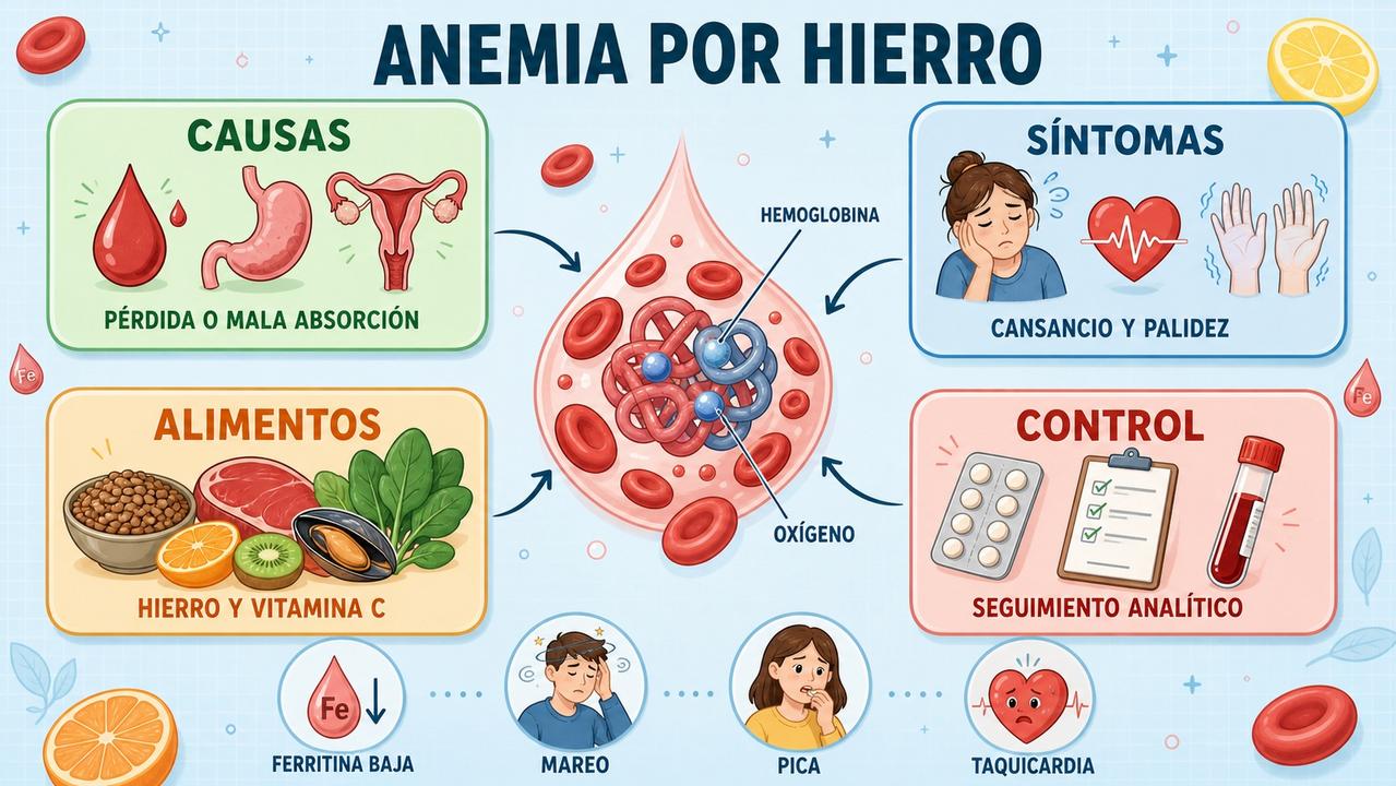 Causas, síntomas, alimentos y control de la anemia por hierro.