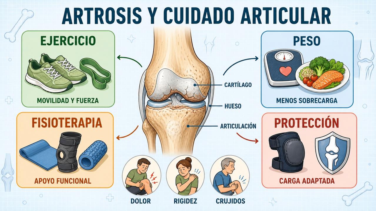 Ejercicio, control del peso, fisioterapia y protección articular sostienen el tratamiento.