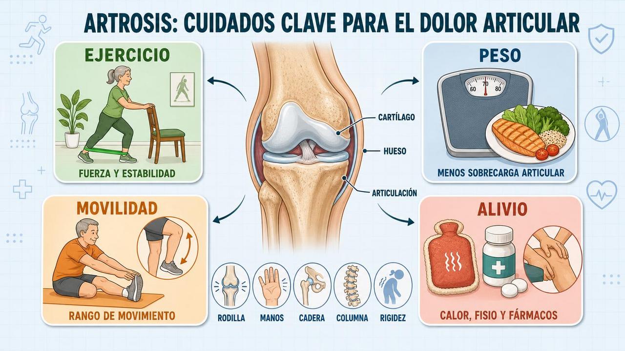 Ejercicio, control del peso, movilidad y alivio local ayudan frente a la artrosis.