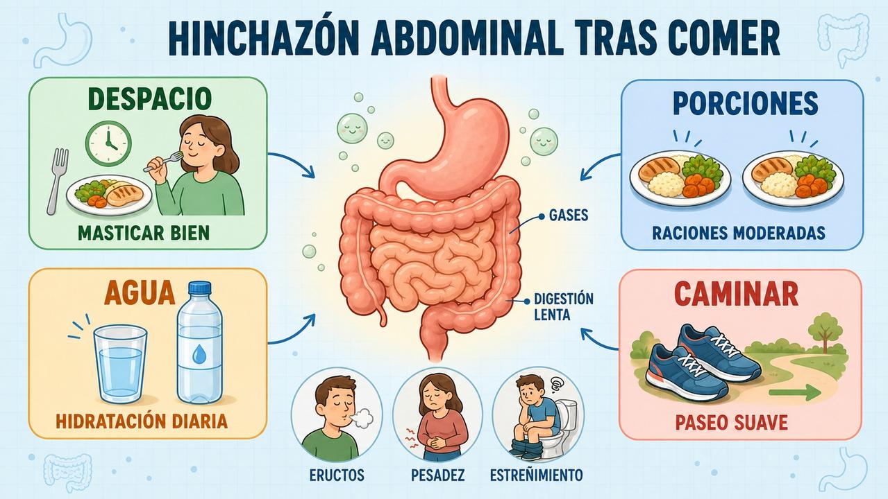 Comer despacio, moderar raciones, hidratarse y caminar ayuda a reducirla.