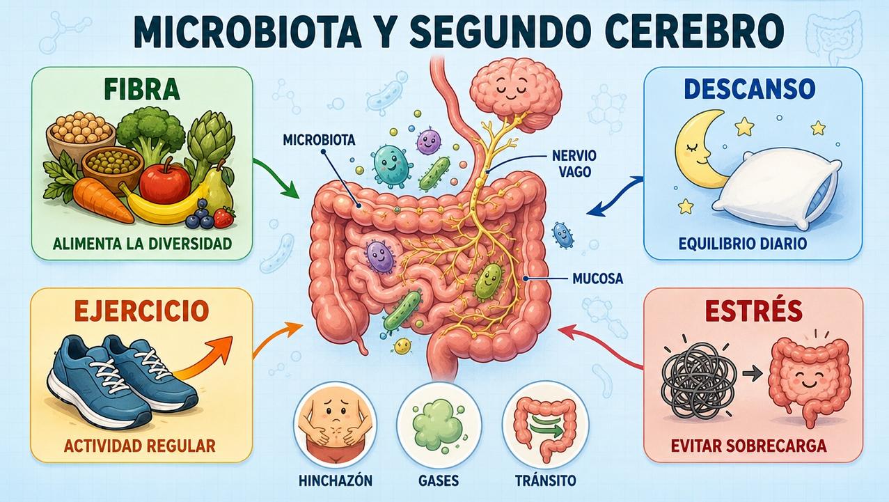 Fibra, descanso, ejercicio y control del estrés favorecen una microbiota equilibrada.