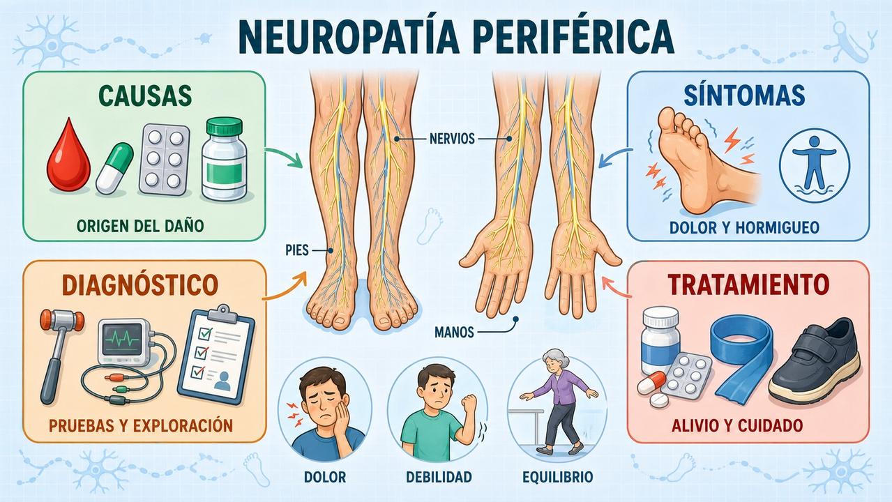 Causas, síntomas, diagnóstico y tratamiento de la neuropatía periférica en una infografía.