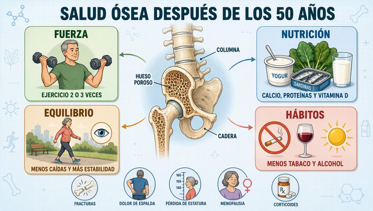 Fuerza, nutrición, equilibrio y hábitos clave para prevenir fracturas óseas.