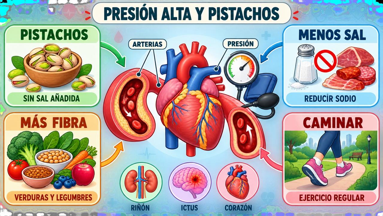 Pistachos, menos sal, más fibra y caminar ayudan a cuidar la tensión.
