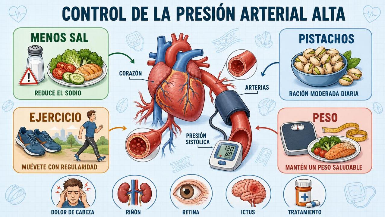 Sal, pistachos, ejercicio y peso: pilares básicos frente a la hipertensión.