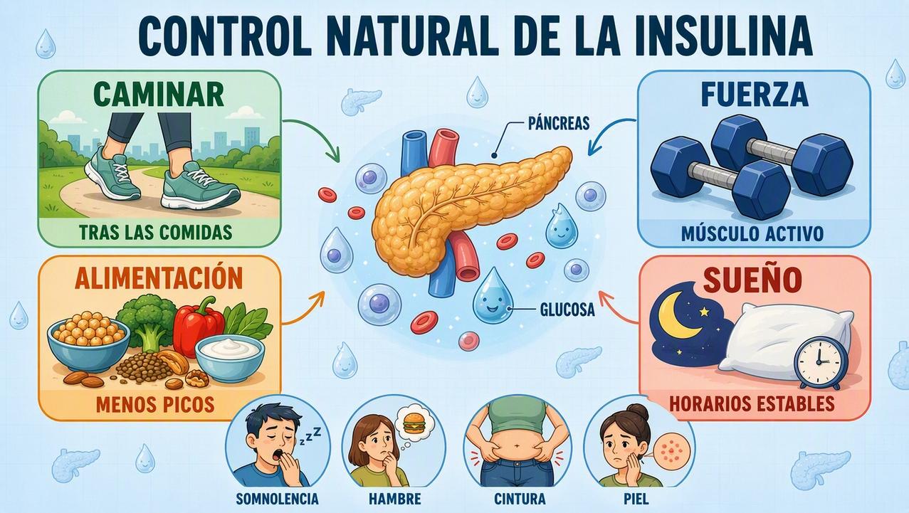 Movimiento, fuerza, alimentación y sueño sostienen el control natural de la glucosa.