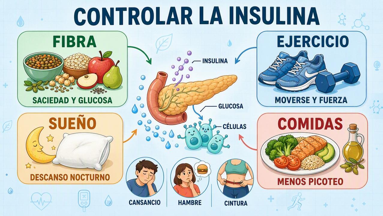 Fibra, ejercicio, sueño y comidas equilibradas apoyan mejor sensibilidad a la insulina.