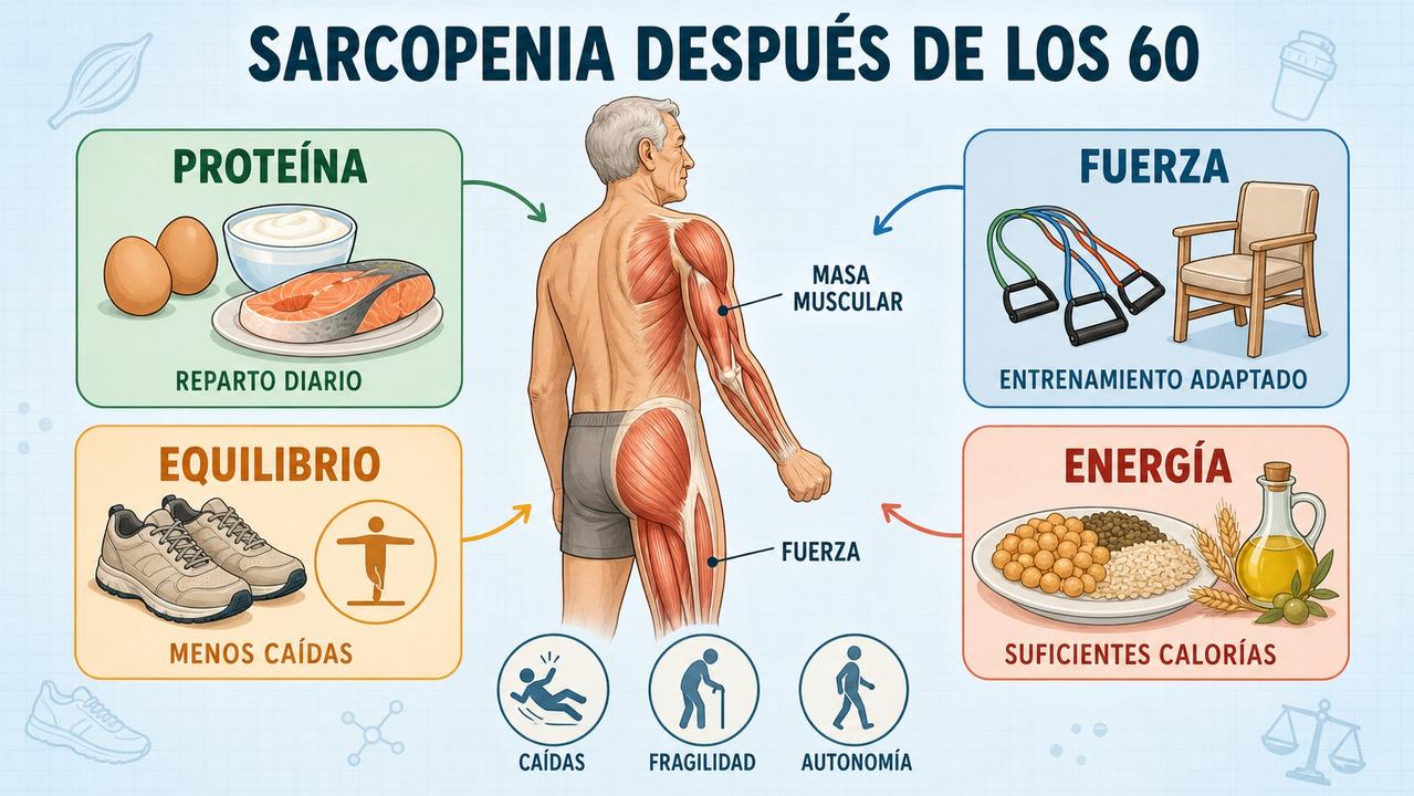 Proteína, fuerza, equilibrio y energía ayudan a frenar la sarcopenia.
