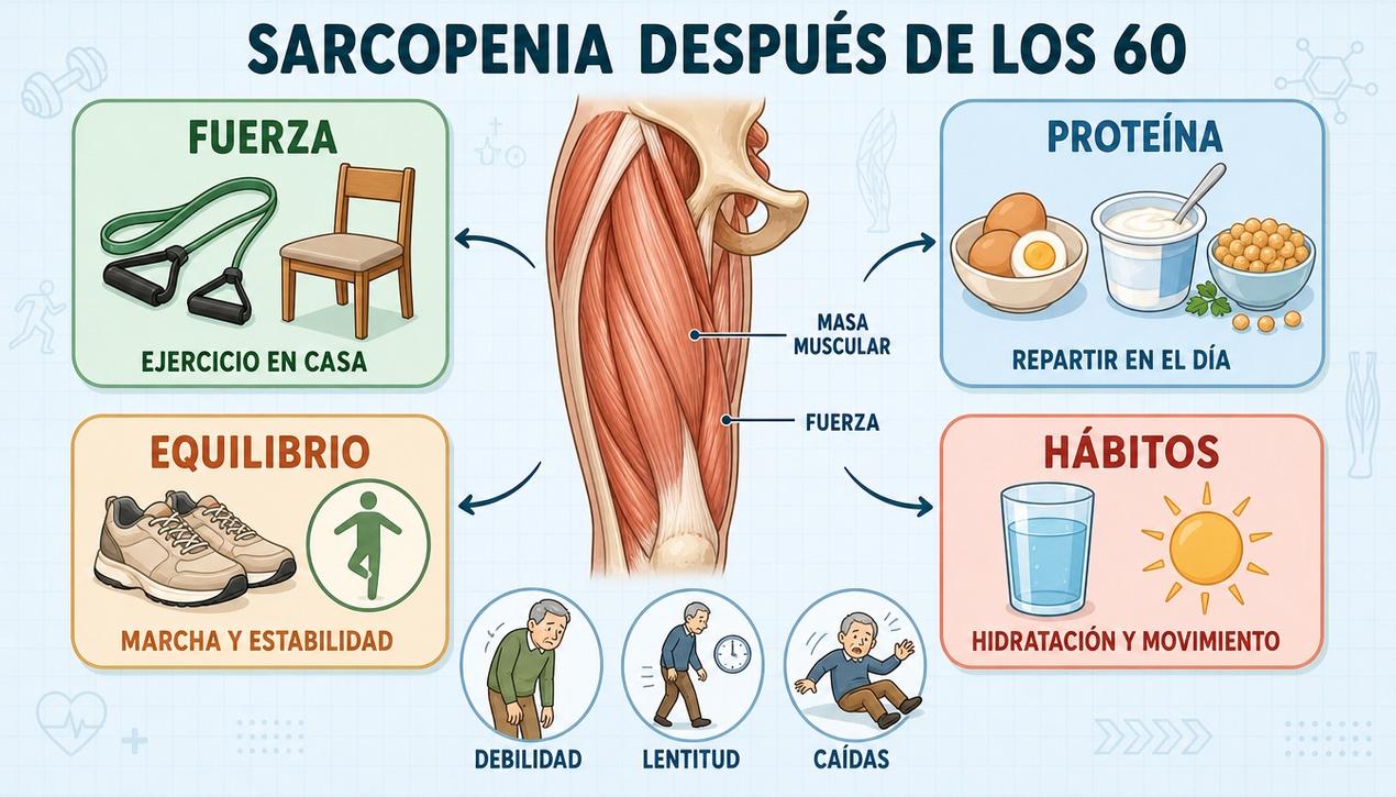 Fuerza, proteína, equilibrio y hábitos sostienen la masa muscular después de los 60.