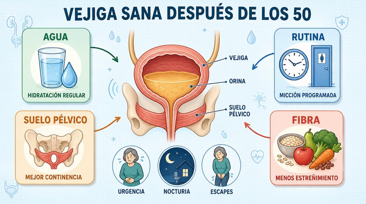 Hidratación, micción programada, suelo pélvico y fibra protegen la salud vesical.