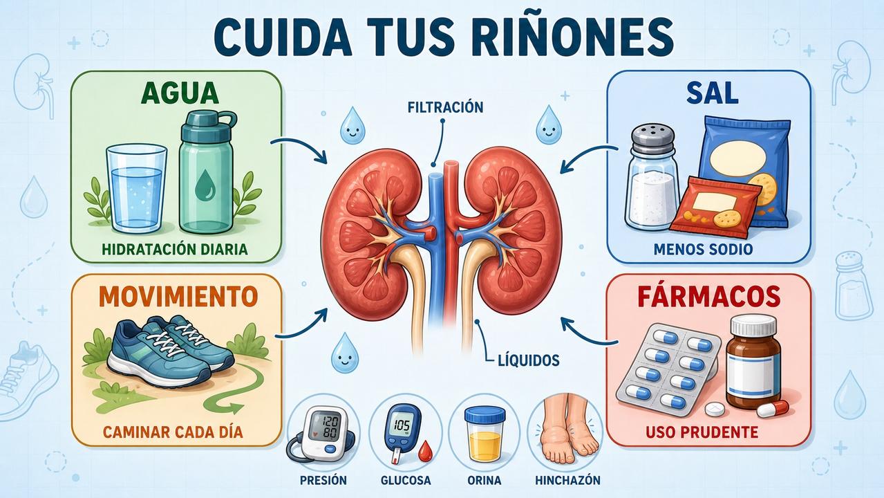 Agua, menos sal, movimiento y prudencia con fármacos cuidan la función renal.