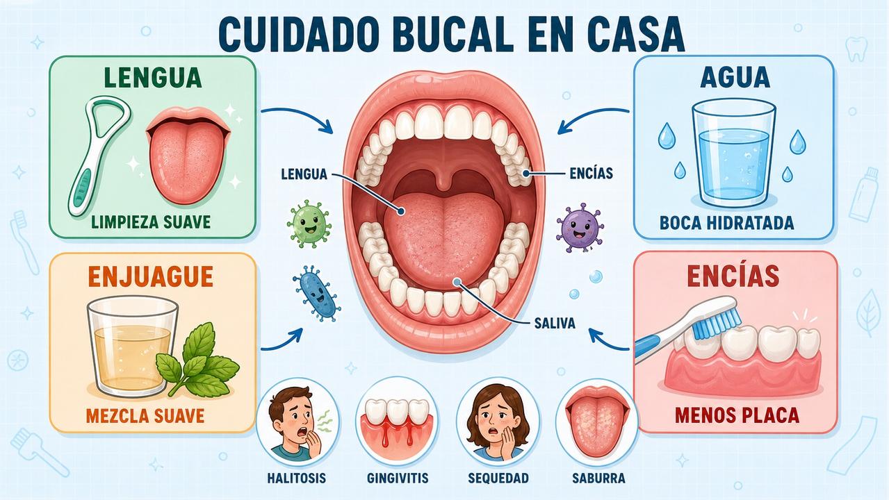 Limpieza lingual, hidratación, enjuague suave y encías sanas reducen el olor bucal.