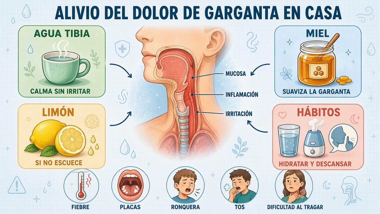 Infografía con receta casera, hábitos útiles y señales de alerta.