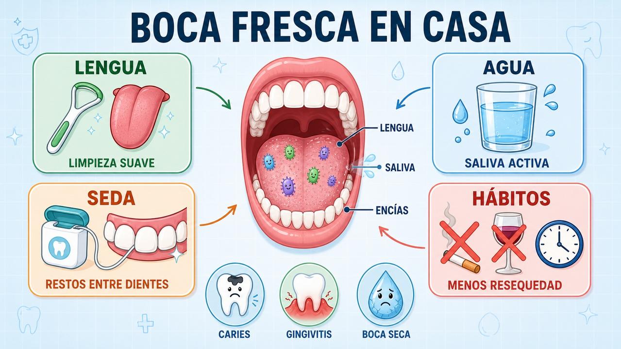 Lengua limpia, hidratación, seda dental y hábitos saludables ayudan contra la halitosis.