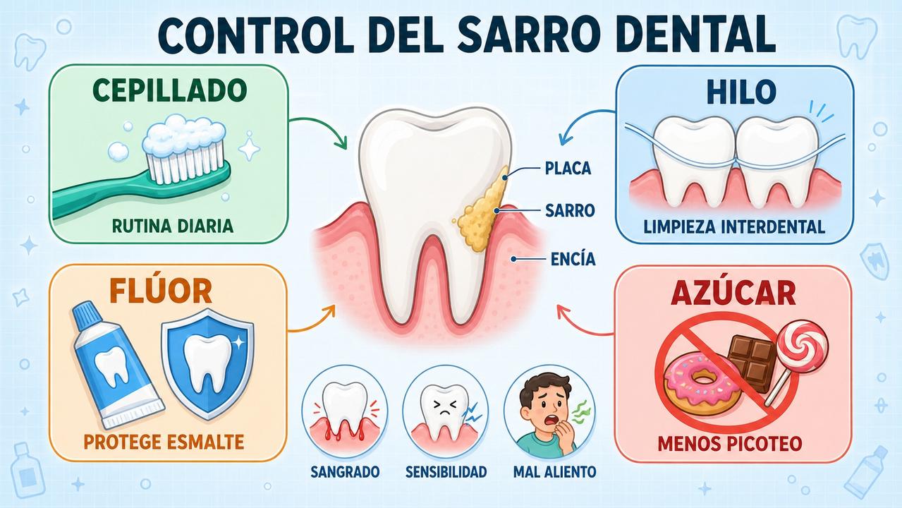 Cepillado, hilo dental, flúor y menos azúcar para controlar el sarro.