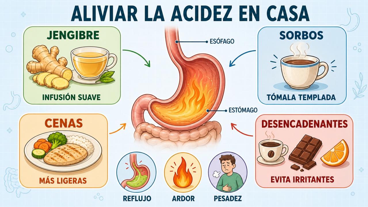 Jengibre, sorbos templados, cenas ligeras y evitar desencadenantes ayudan con el reflujo.