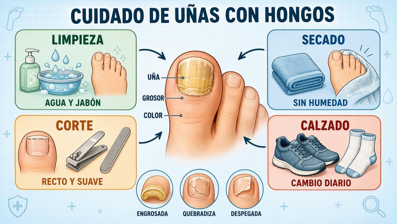 Limpieza, secado, corte correcto y calzado transpirable como apoyo diario.