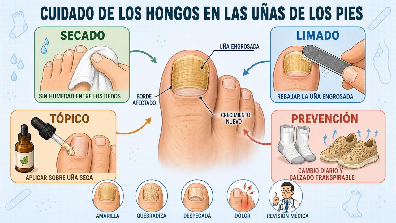 Secado, limado, tratamiento tópico y prevención para controlar la onicomicosis.