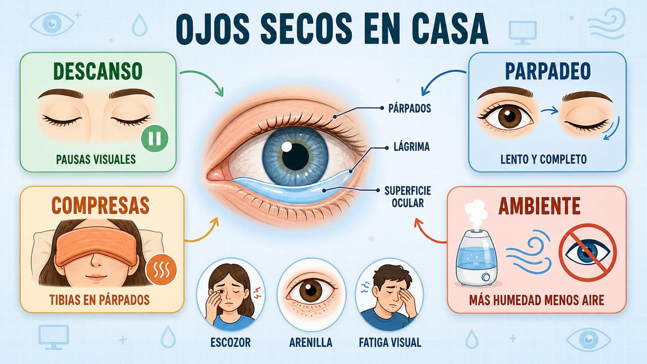 Descanso, parpadeo, compresas tibias y humedad ambiental protegen la superficie ocular.