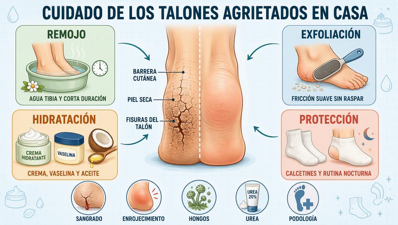 Remojo, exfoliación, hidratación y protección: claves para reparar talones agrietados.