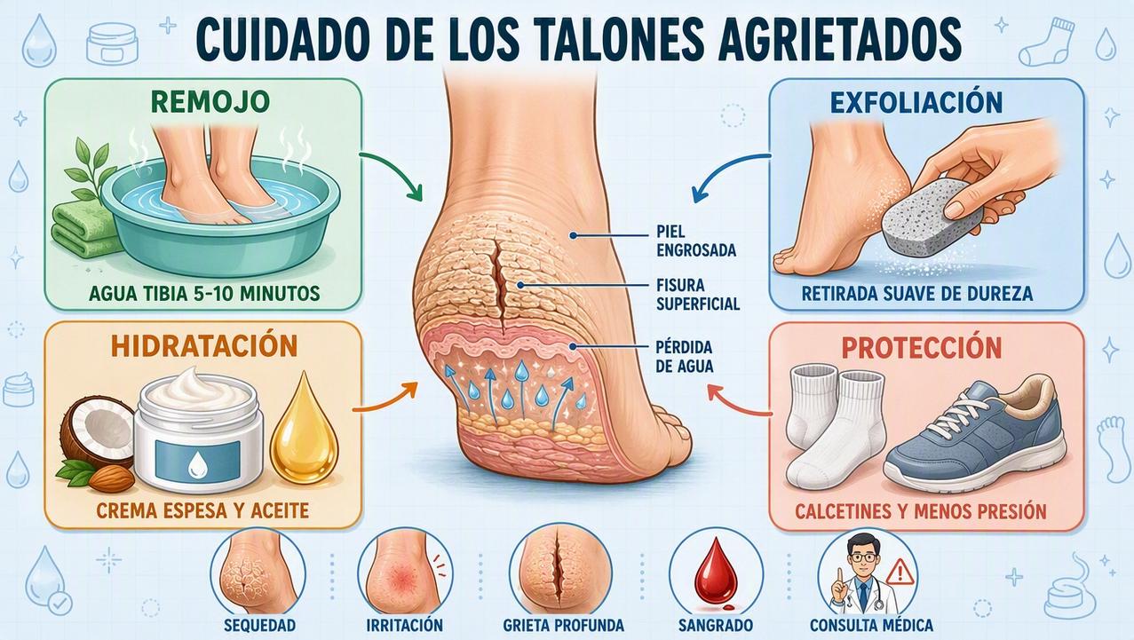 Remojo, exfoliación suave, hidratación y protección: pilares para cuidar el talón.