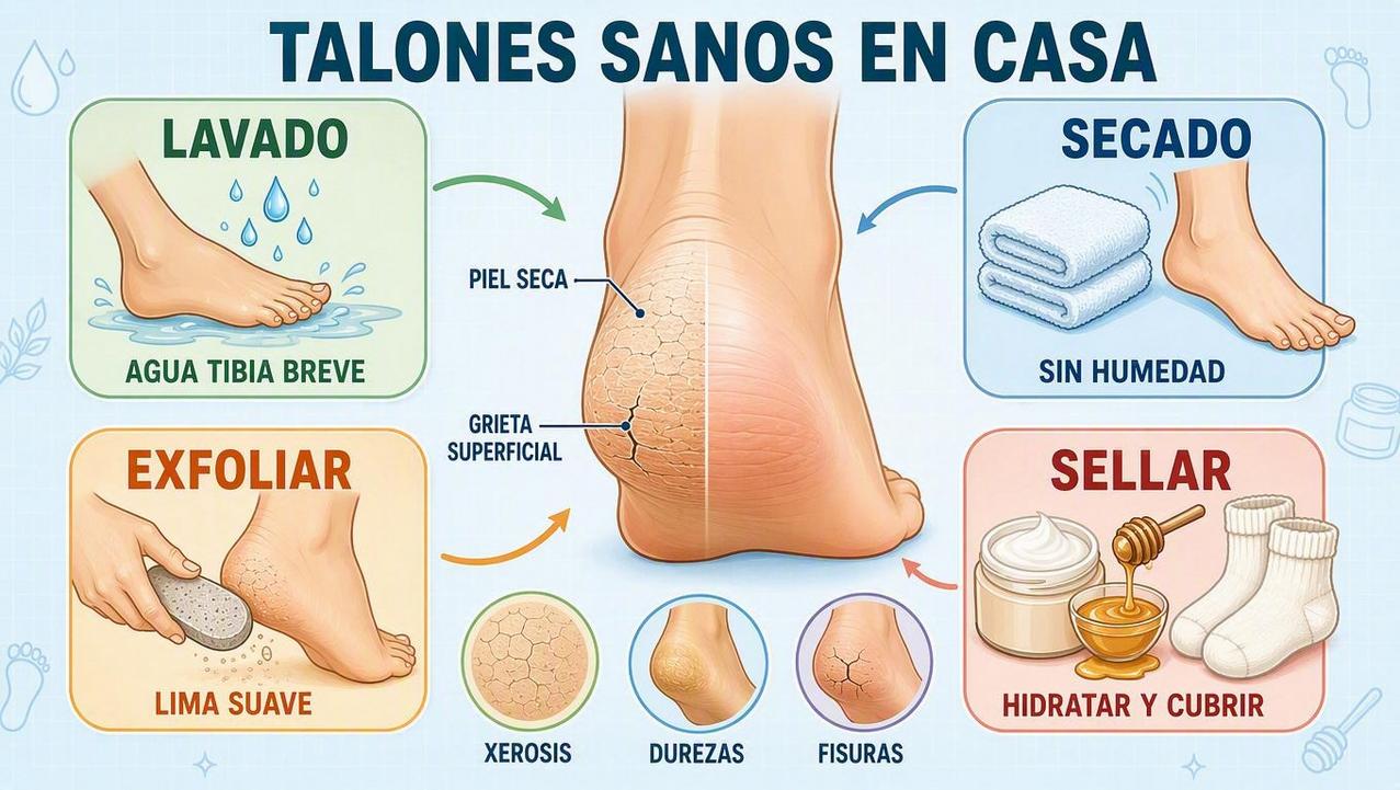 Lavado, secado, exfoliación suave y sellado ayudan a reparar los talones.