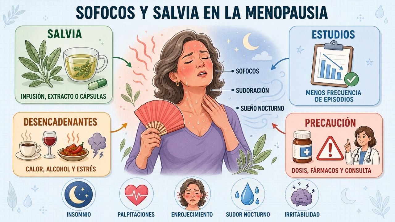 Infografía sobre salvia, estudios, desencadenantes y precauciones en los sofocos.