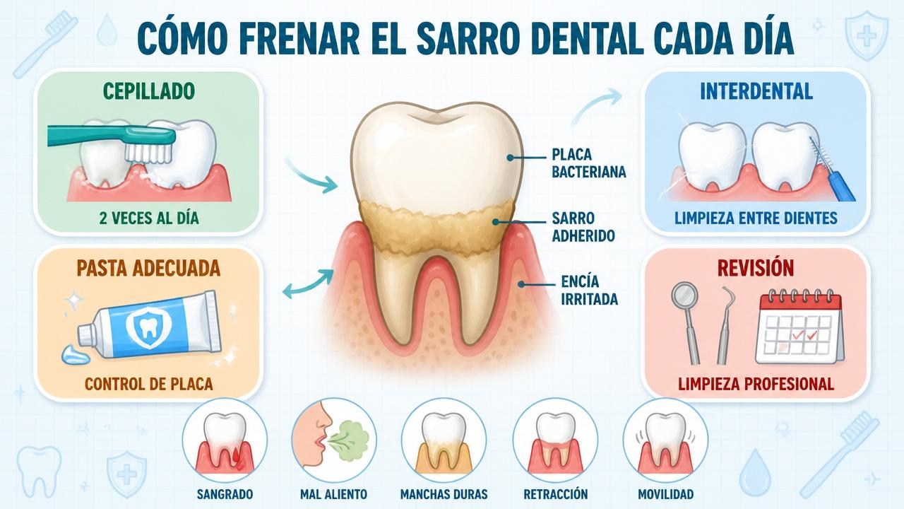 Cepillado, limpieza interdental, pasta adecuada y revisión frenan la formación de sarro.