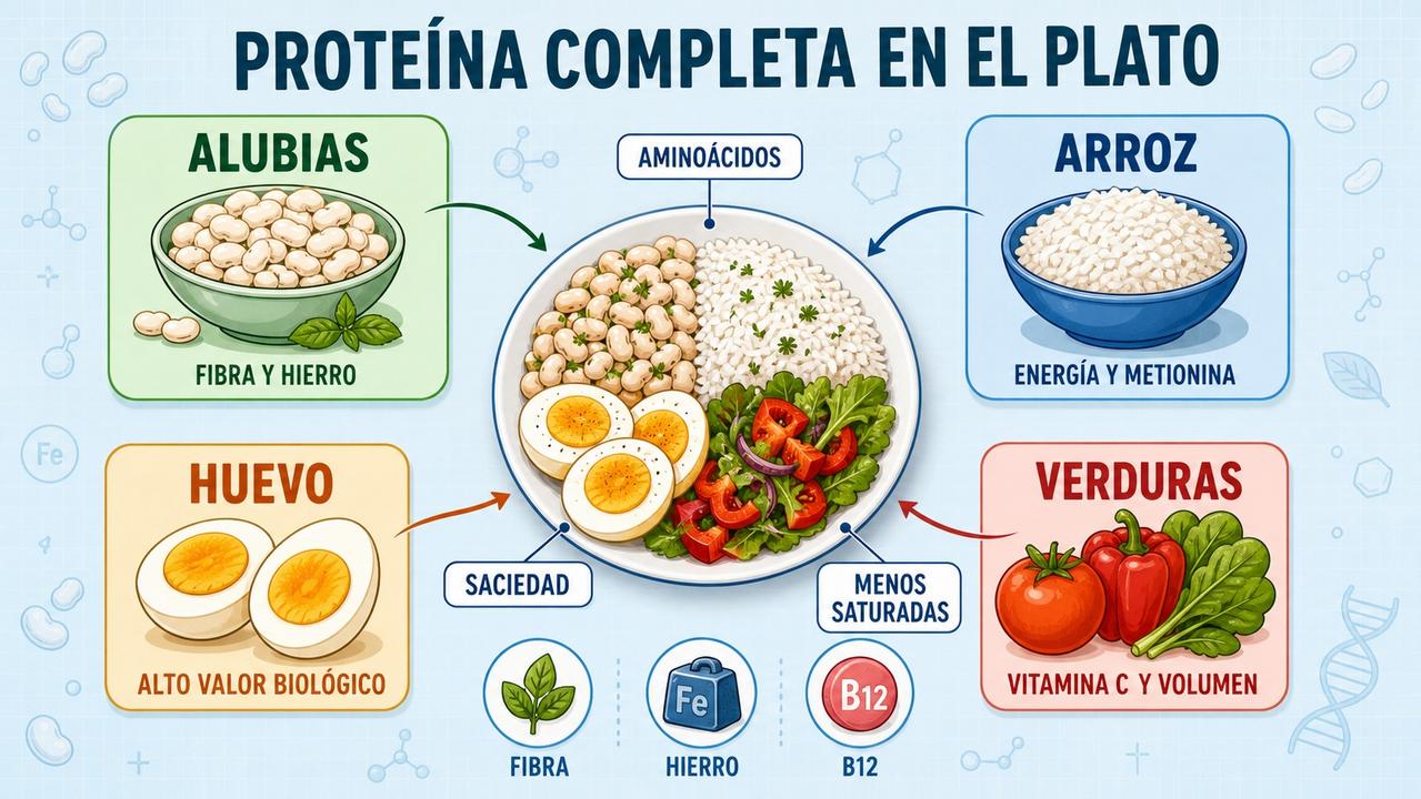 Los cuatro pilares del plato: alubias, arroz, huevo y verduras.