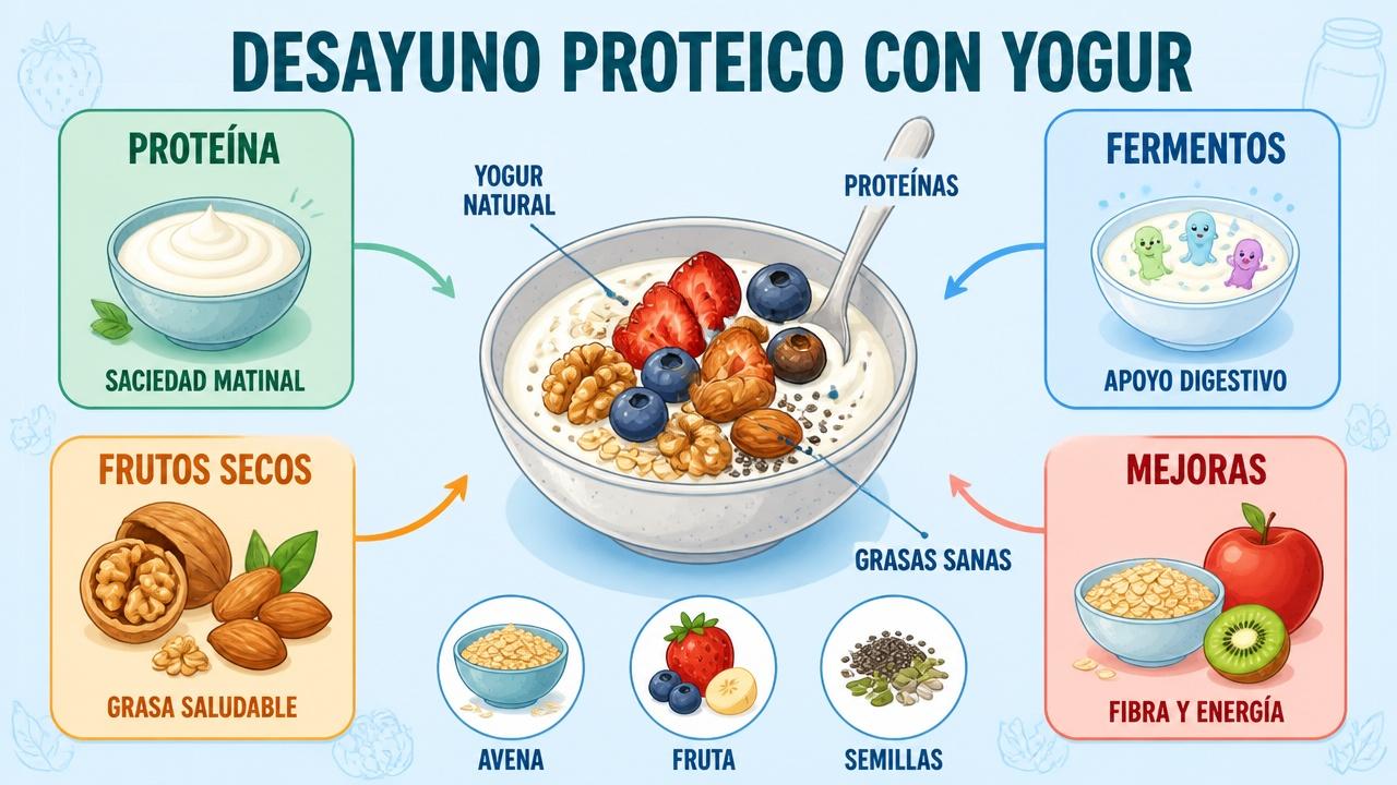 Proteína, fermentos, frutos secos y extras que mejoran este desayuno.