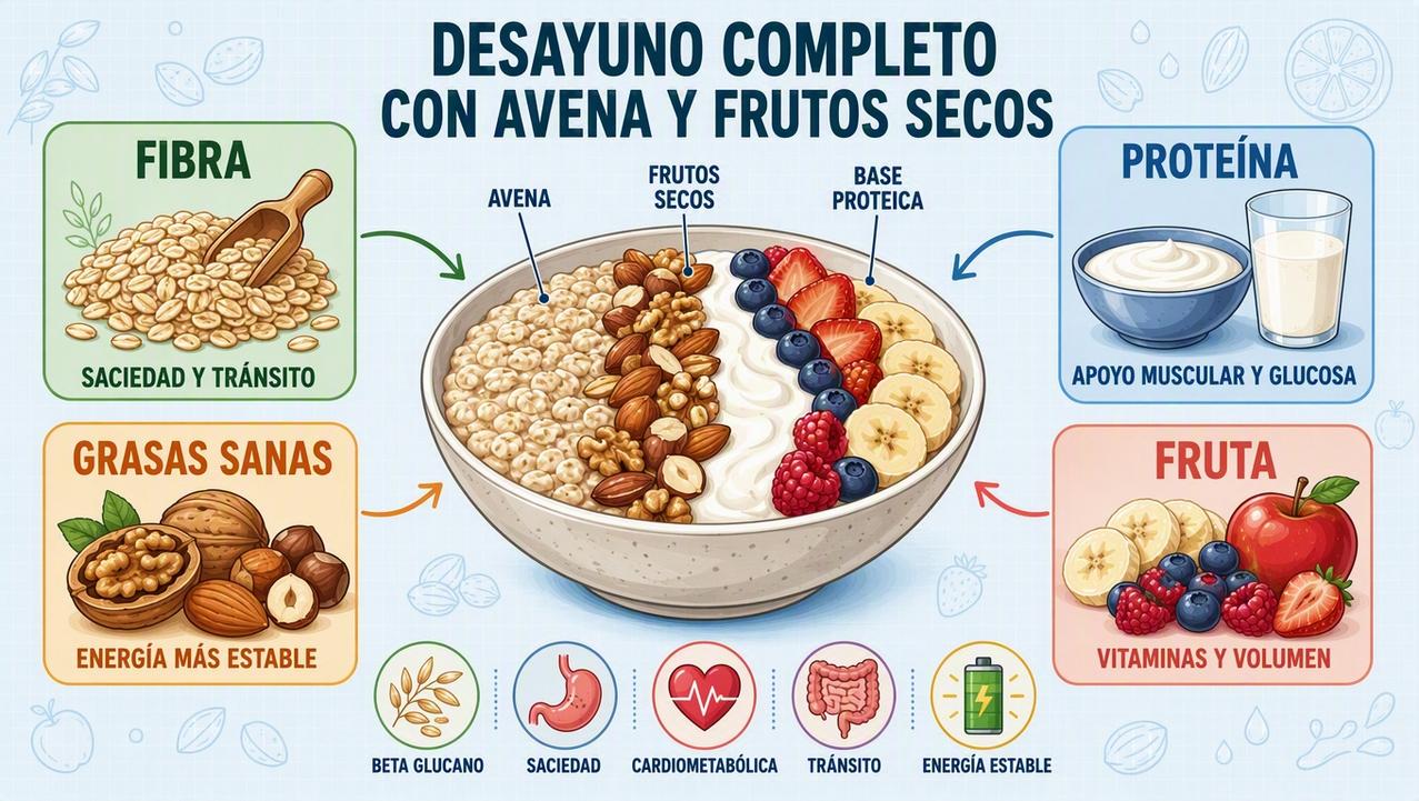 Fibra, proteína, grasas sanas y fruta completan un desayuno equilibrado.