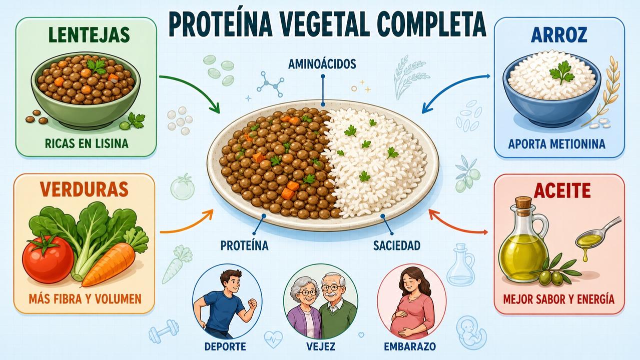 Los cuatro apoyos del plato: lentejas, arroz, verduras y aceite de oliva.
