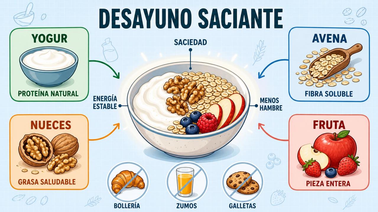 Proteína, fibra, grasa saludable y fruta entera refuerzan un desayuno más saciante.
