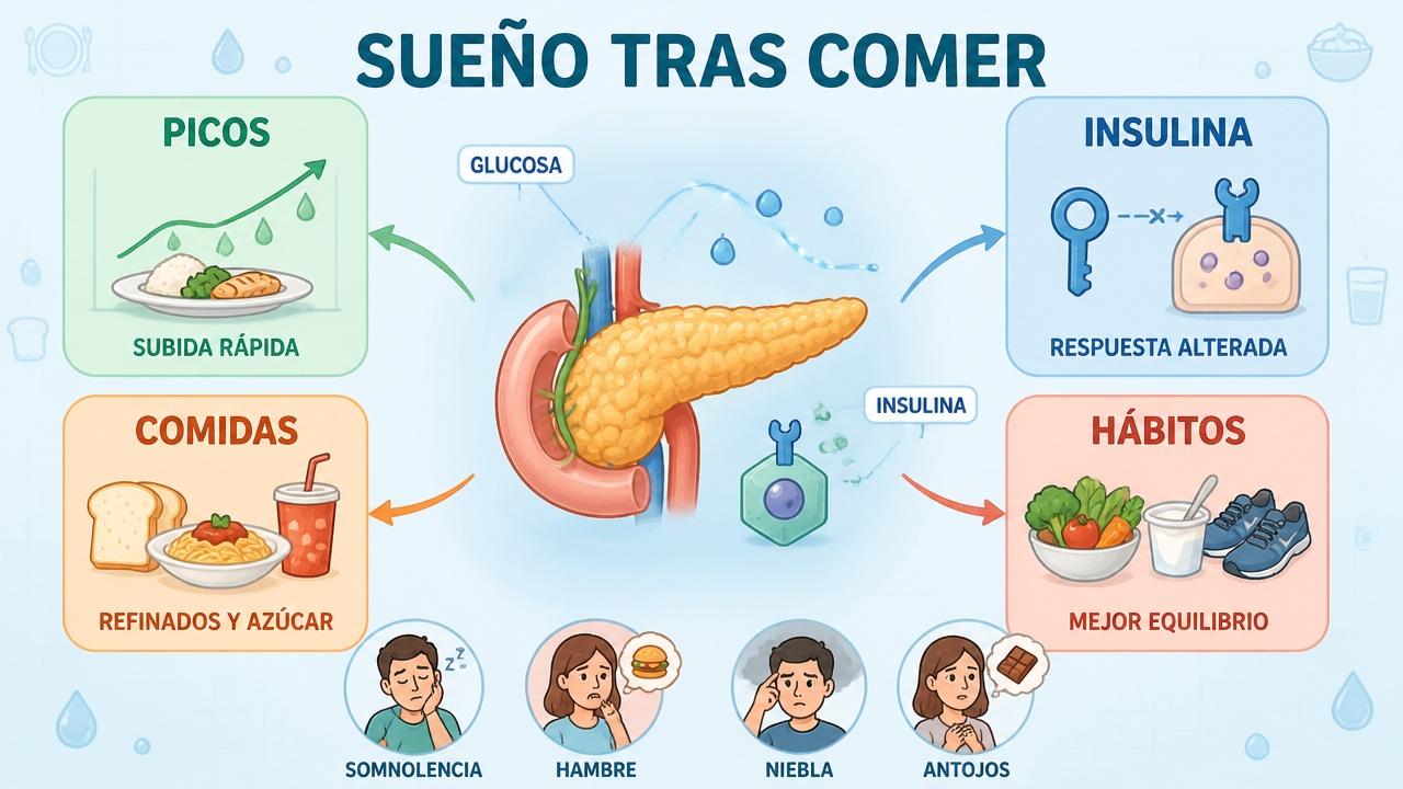 Picos de glucosa, insulina, comidas y hábitos influyen en el bajón.