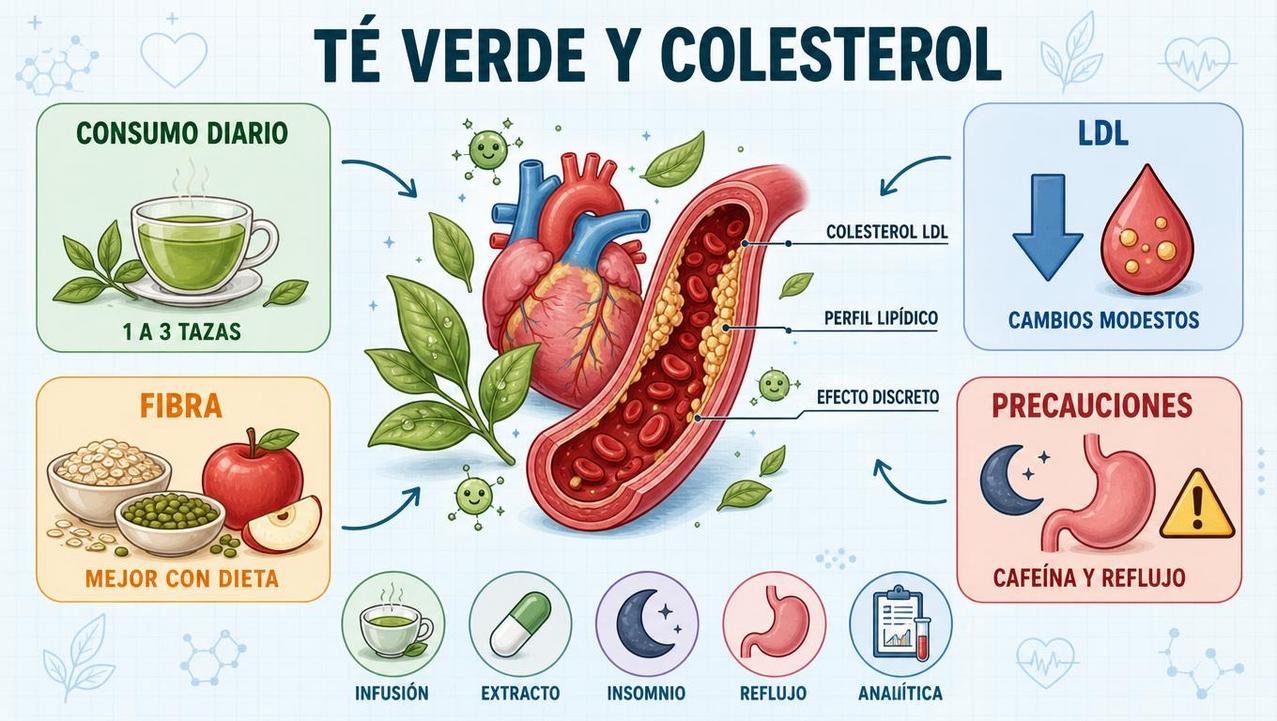 Consumo diario, LDL, fibra y precauciones: claves del té verde.